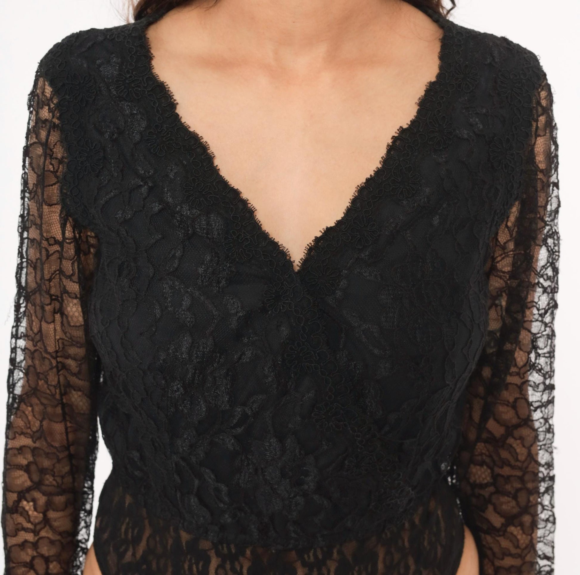 90s Bill Blass Black Lace Bodysuit Deep V Wrap Front Eyelash Trim Medium M