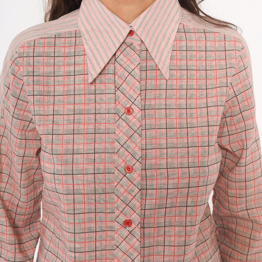 80s Plaid Button-Front Blouse Red Black Glen Check Pointed Collar Small