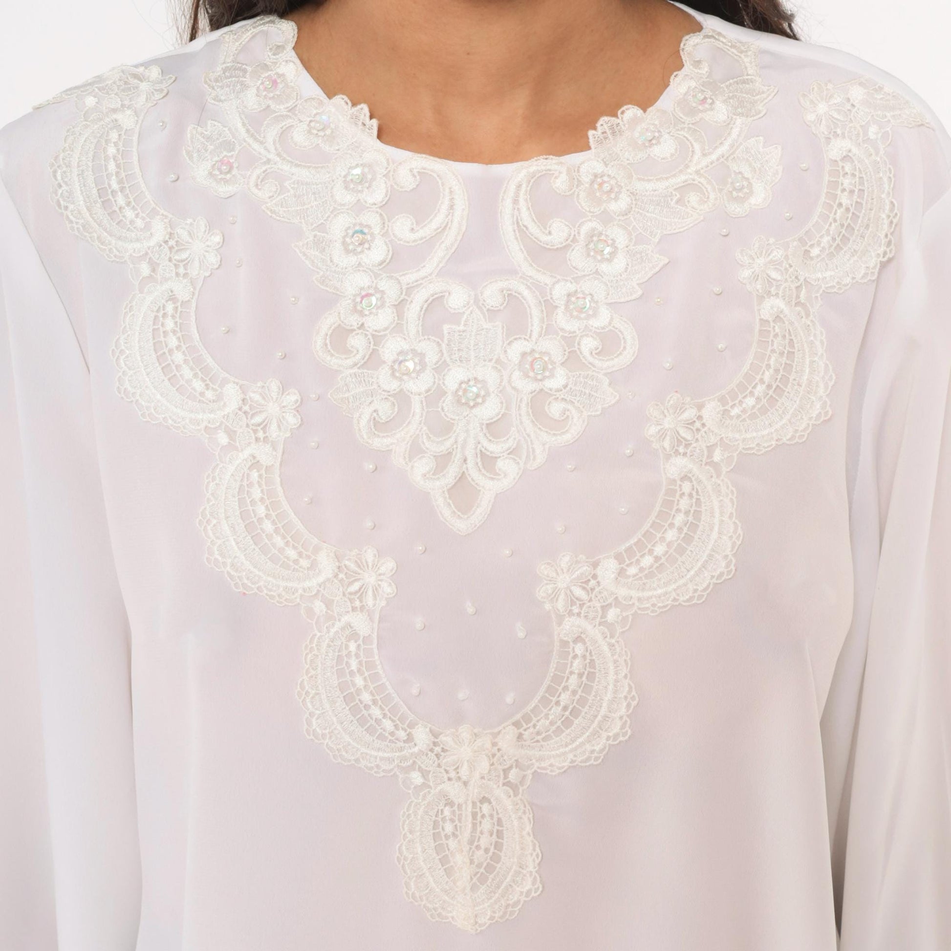 80s Kathy Che Beaded Lace Applique Chiffon Blouse White Long Sleeve Large