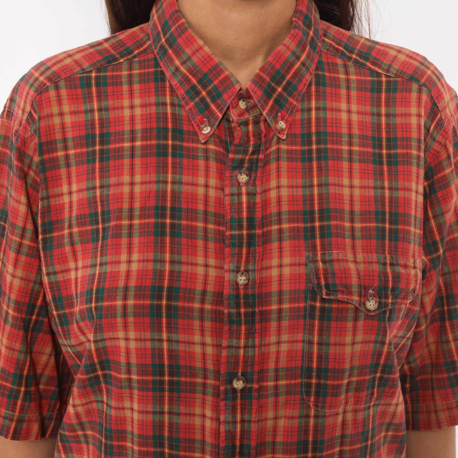 90s Resilio Red Plaid Cotton Button-Down Shirt Short Sleeve Small