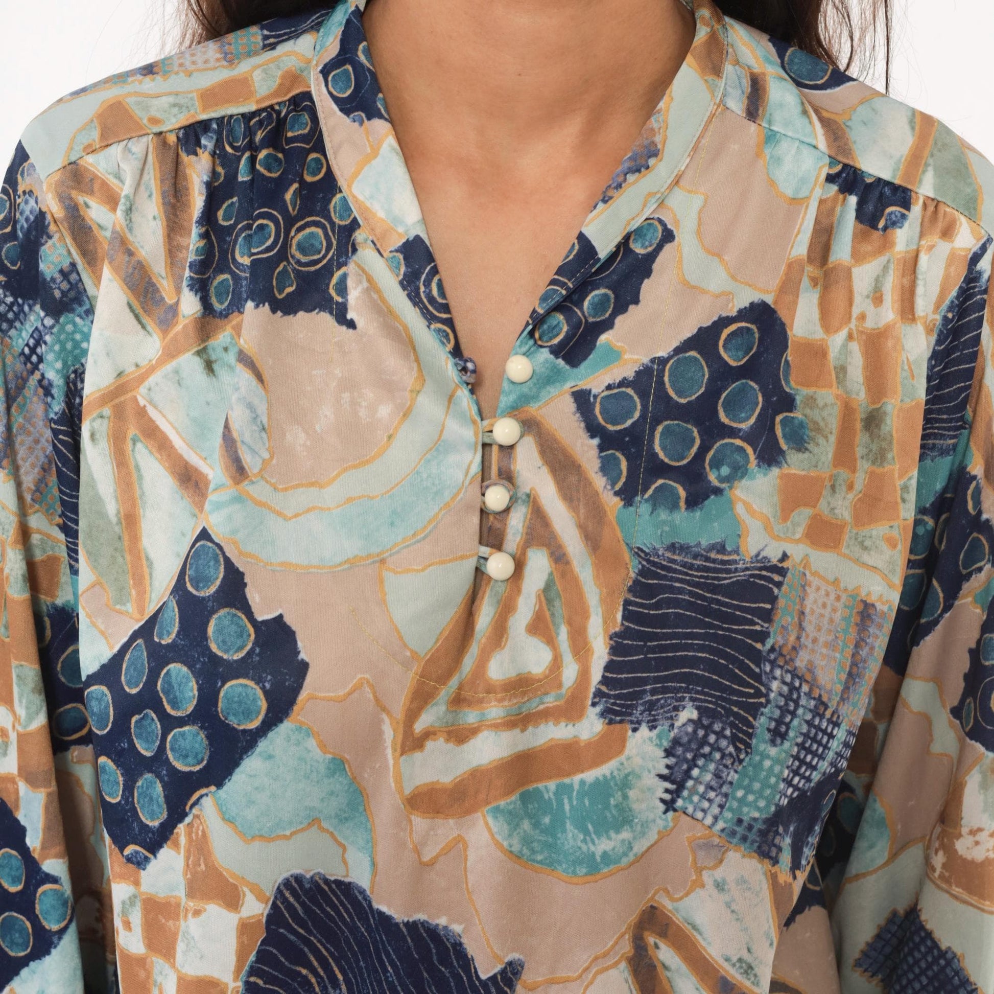 70s Village Fair Abstract Patchwork Blouse Geometric Print Teal Medium