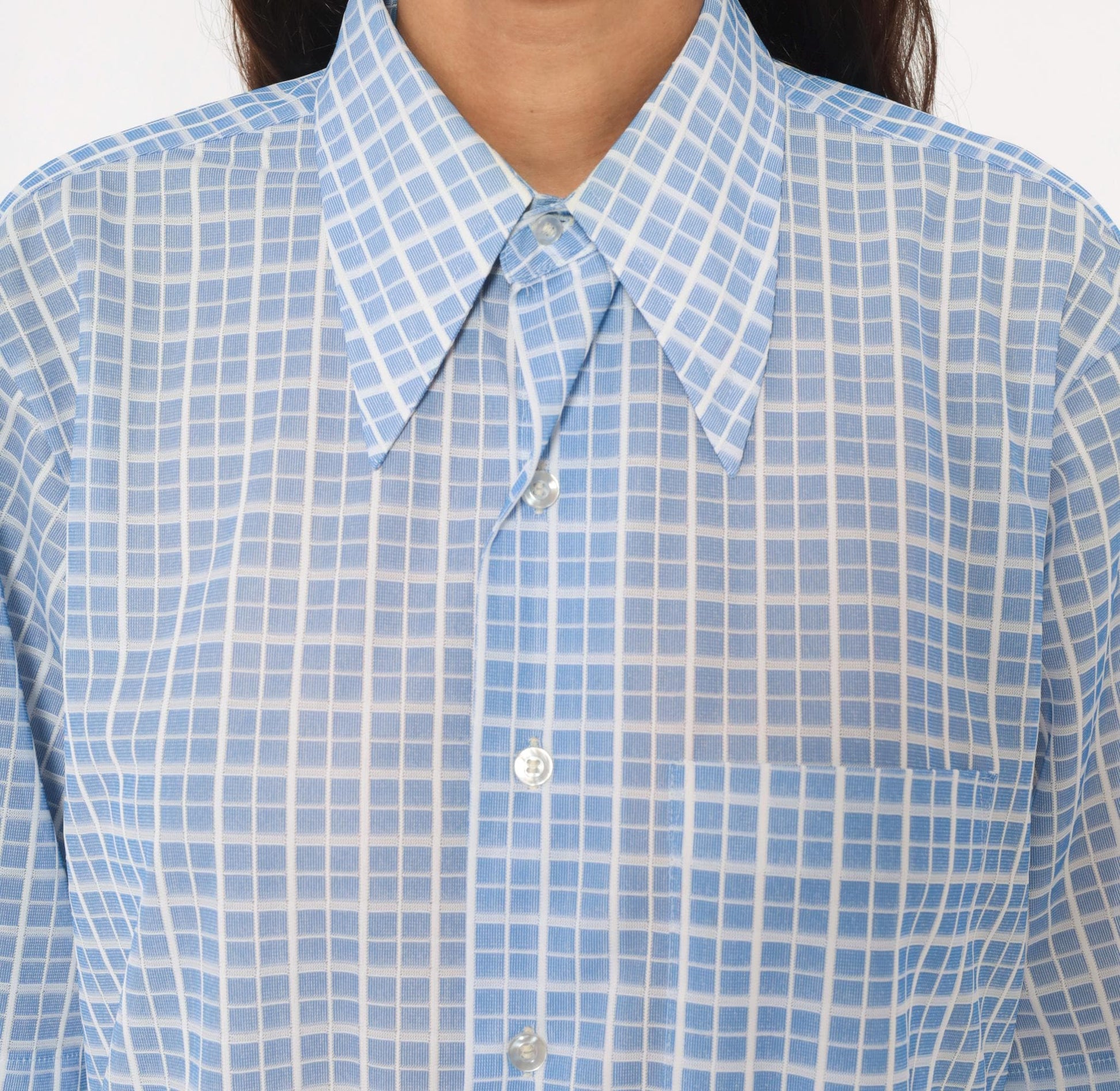 70s Dectolene Blue Windowpane Grid Check Shirt Pointed Collar Extra Large