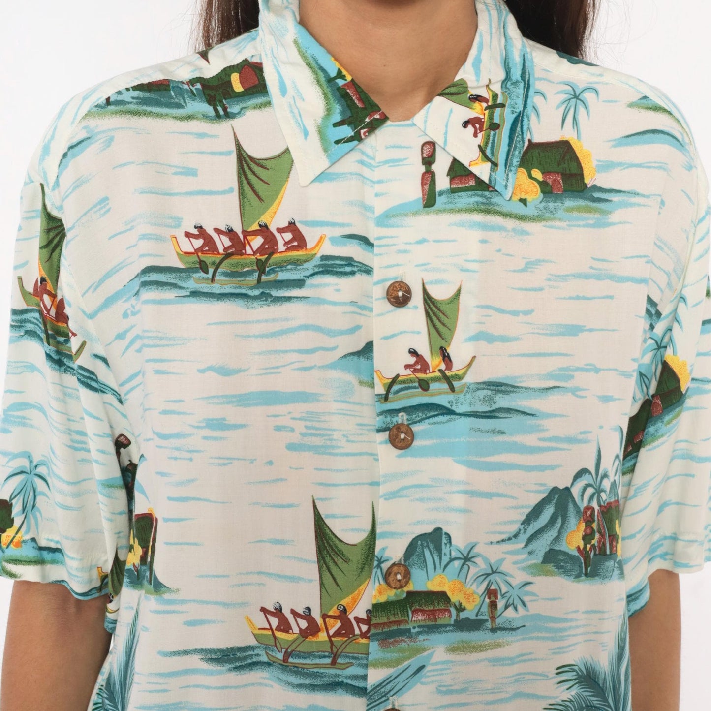 90s Kennington Ltd Hawaiian Shirt Polynesian Island Scene Blue Rayon Medium