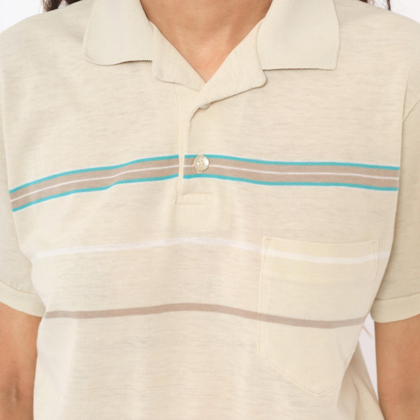 80s Hang Ten Polo Shirt Cream Teal Taupe Stripe Cotton Medium M