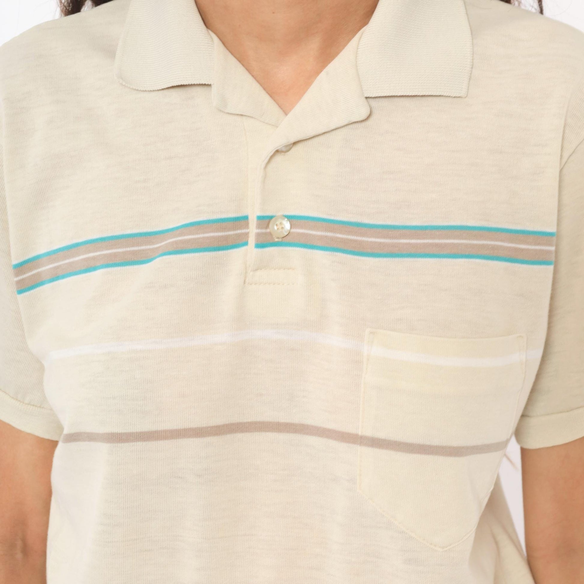 80s Hang Ten Polo Shirt Cream Teal Taupe Stripe Cotton Medium M