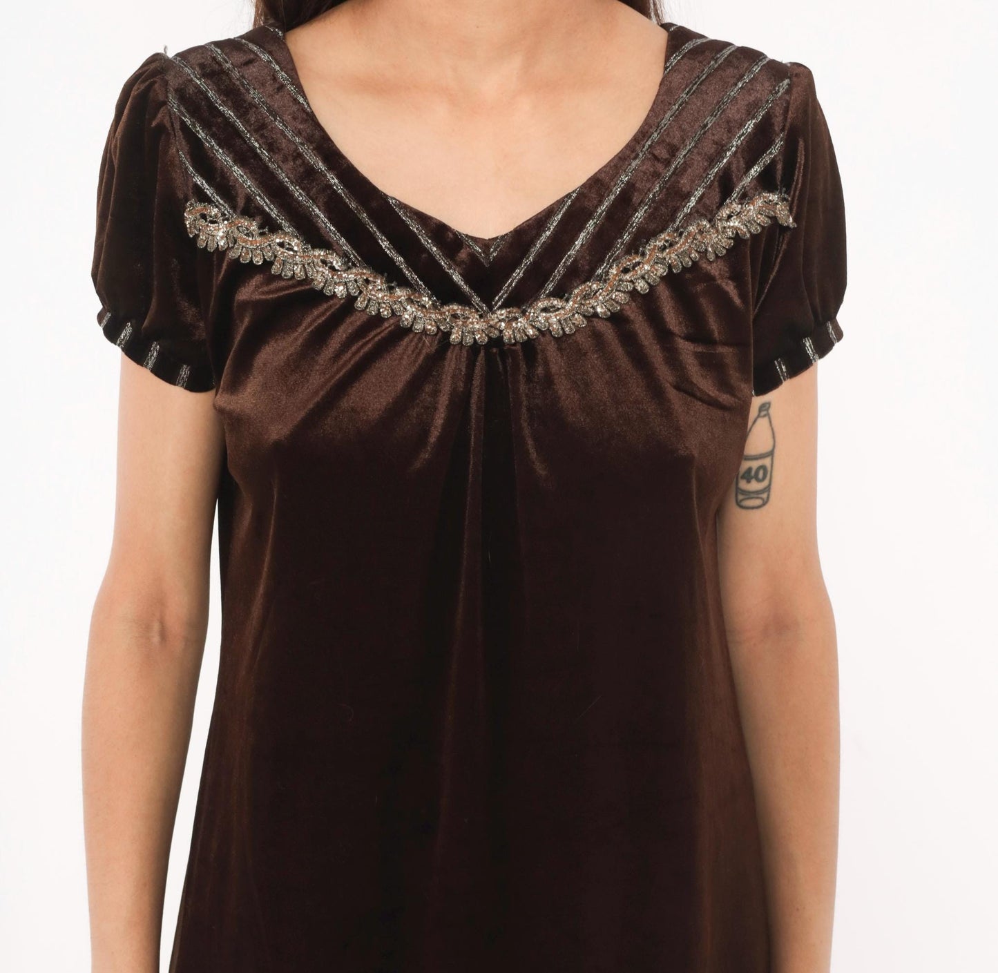 Y2K Chocolate Brown Velvet Mini Dress Puff Sleeve Beaded Small S