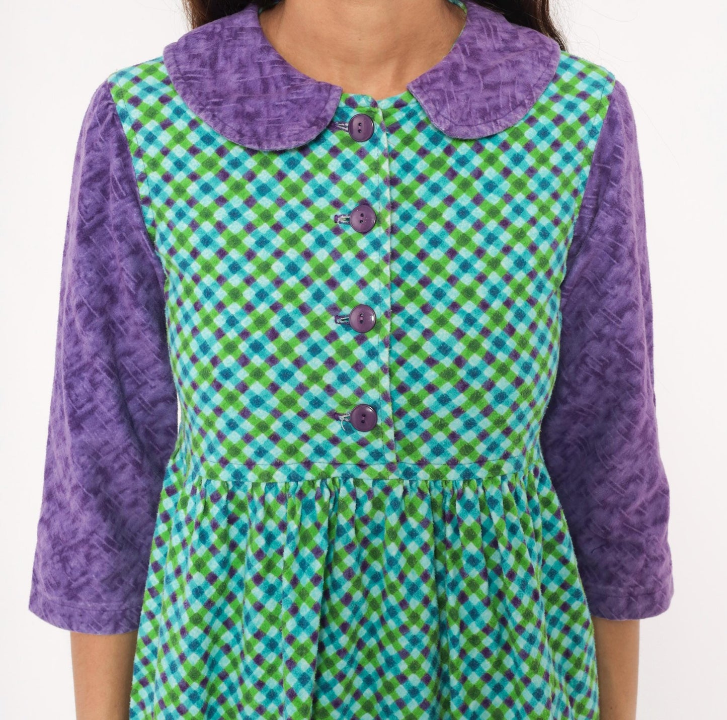 60s Babydoll Dress Purple Green Blue Gingham Peter Pan Collar Mini XS