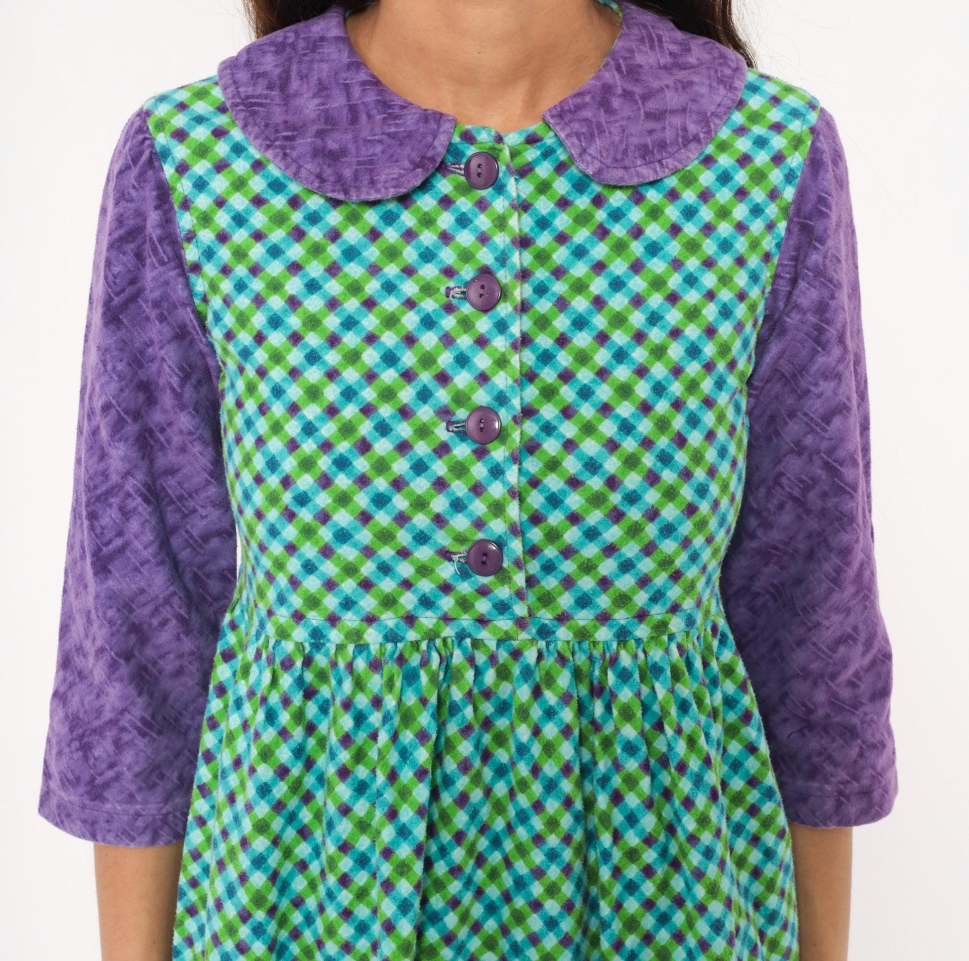 60s Babydoll Dress Purple Green Blue Gingham Peter Pan Collar Mini XS