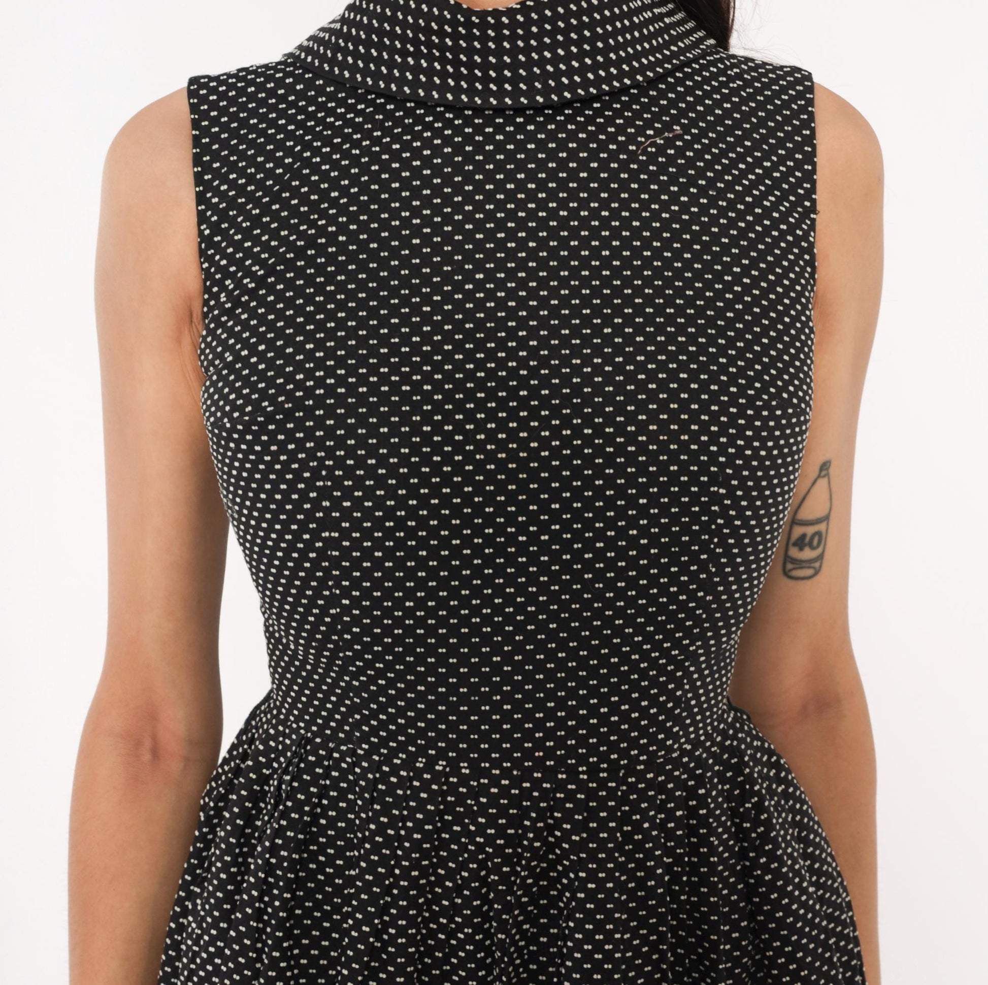 60s Mod Mini Dress Black White Polka Dot Mock Neck Fit Flare Cotton Extra Small