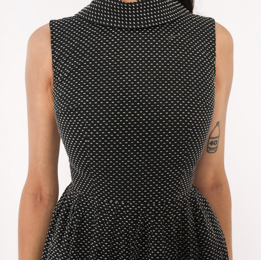 60s Mod Mini Dress Black White Polka Dot Mock Neck Fit Flare Cotton Extra Small
