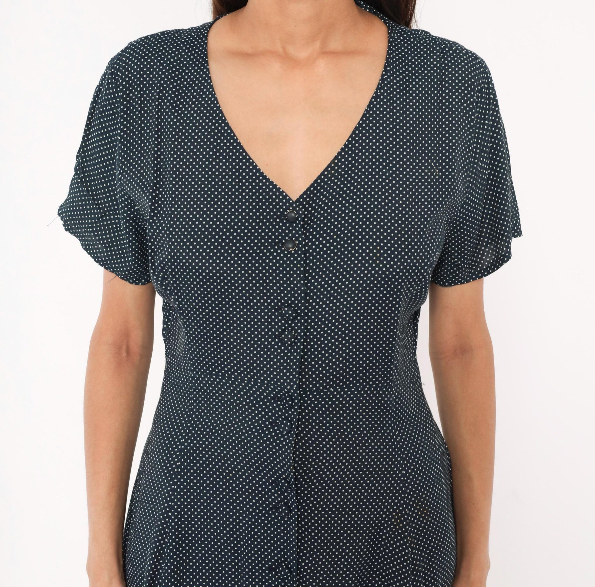 90s New York Style Navy Polka Dot Maxi Dress Button Front Flutter Sleeve Large L
