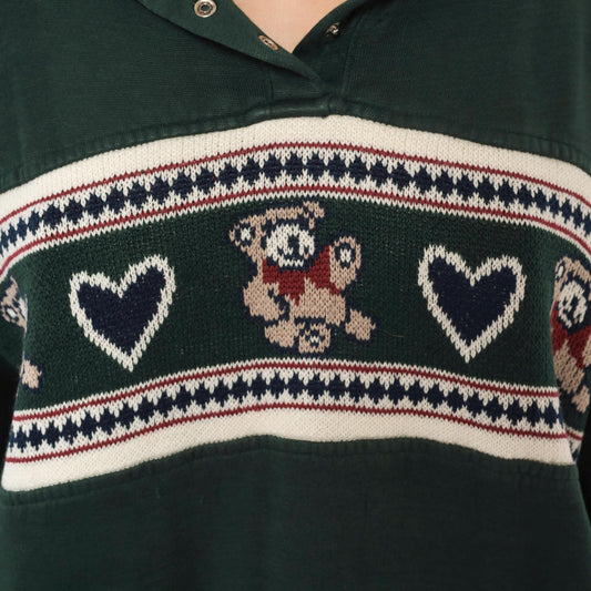 90s Carolina Teddy Bear Fair Isle Pullover Forest Green Knit Large L