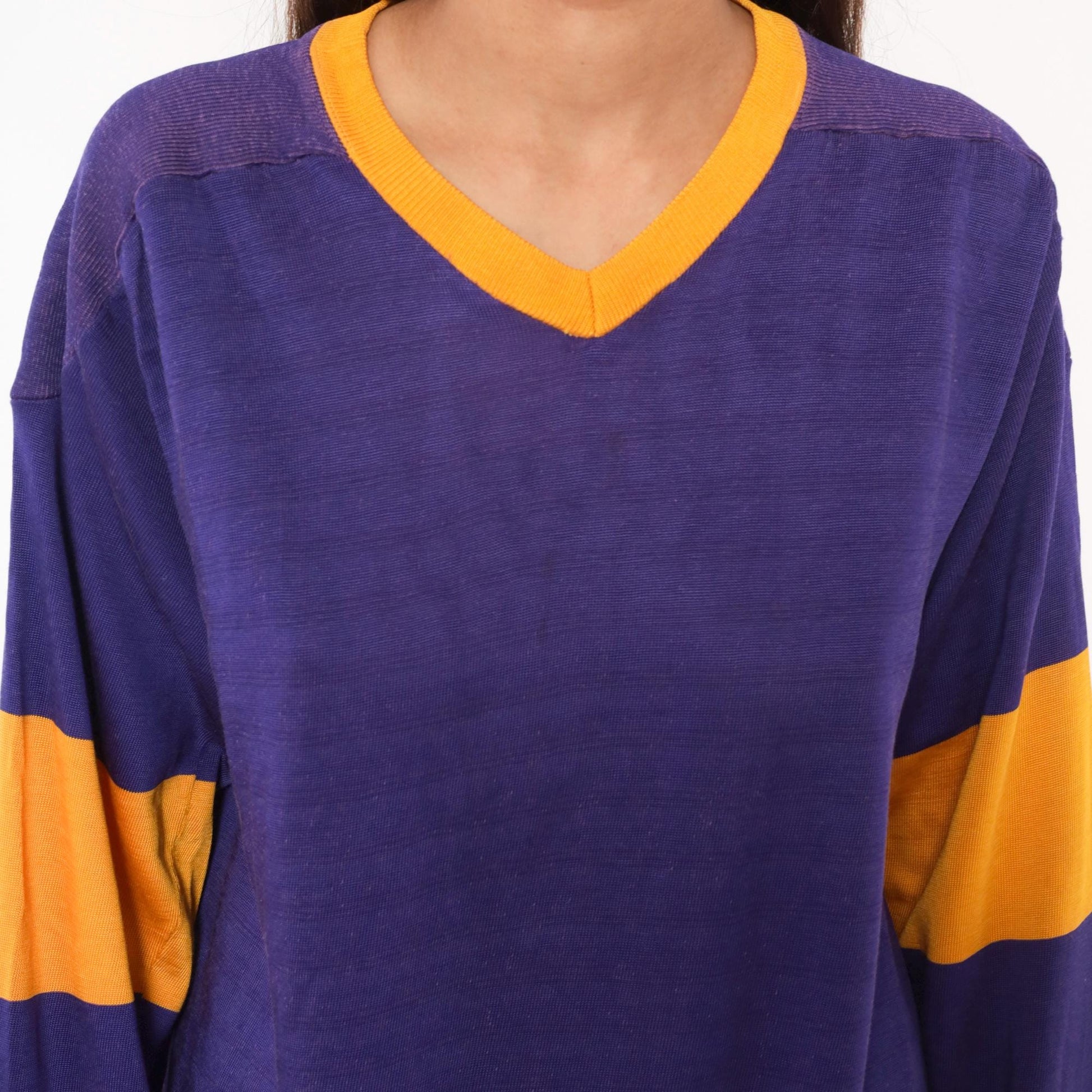 70s Purple Gold Striped V-Neck Pullover Jersey Long Sleeve Small