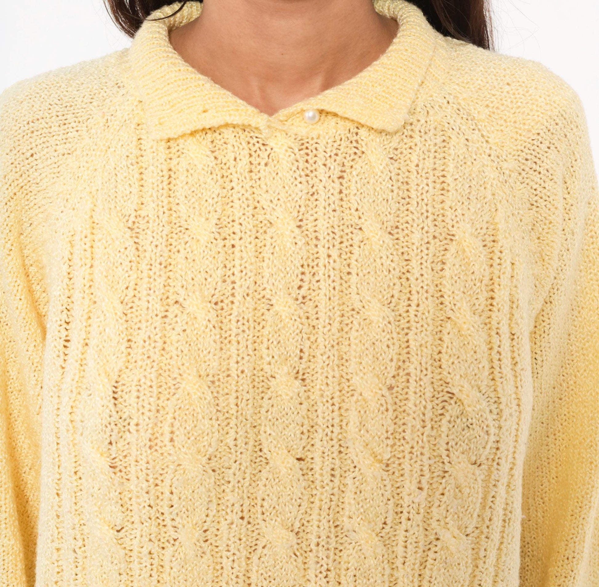 80s Miranda Cable Knit Polo Sweater Yellow Collared Pearl Button Large L