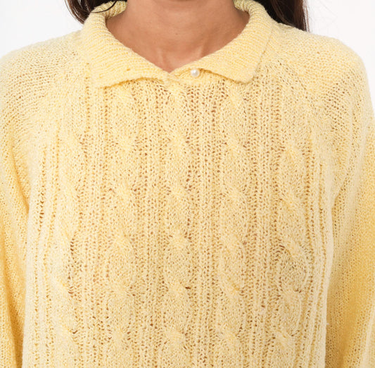 80s Miranda Cable Knit Polo Sweater Yellow Collared Pearl Button Large L
