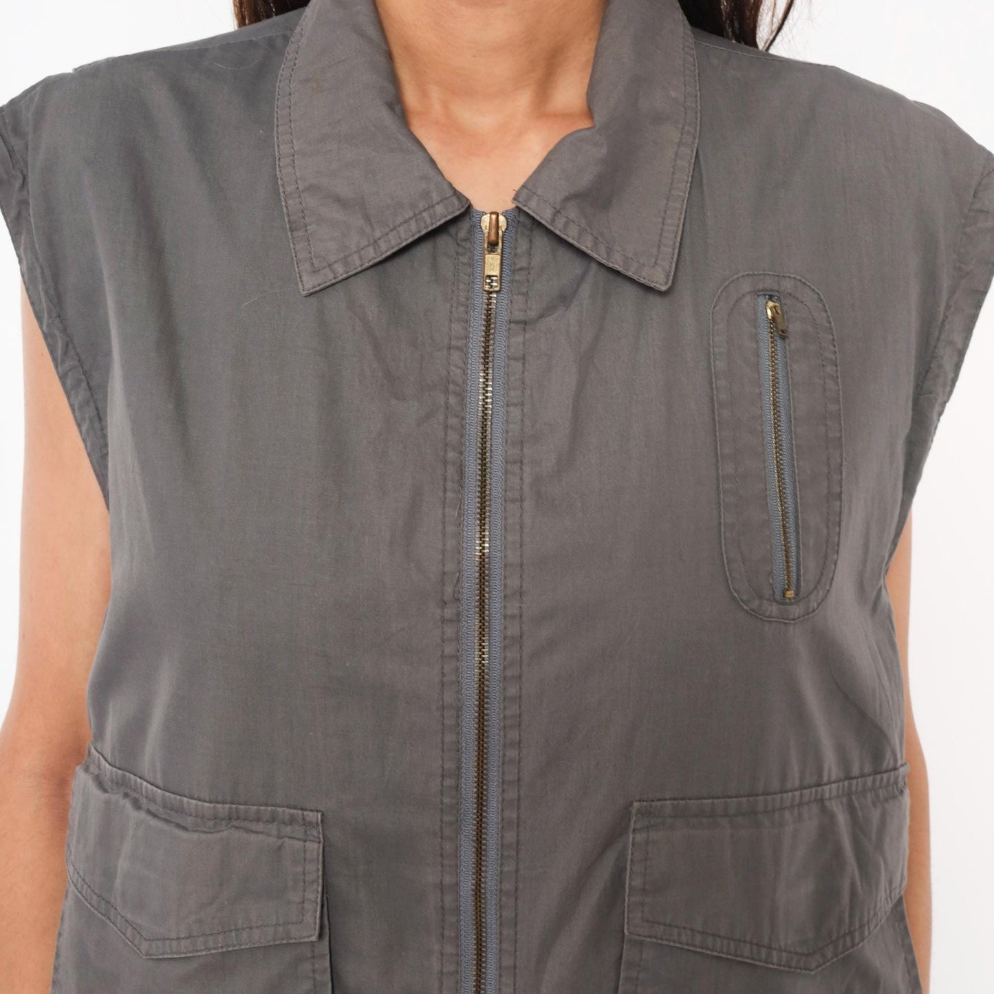 80s Fog Cutter Grey Utility Vest Cotton Zip Cargo Pockets Medium