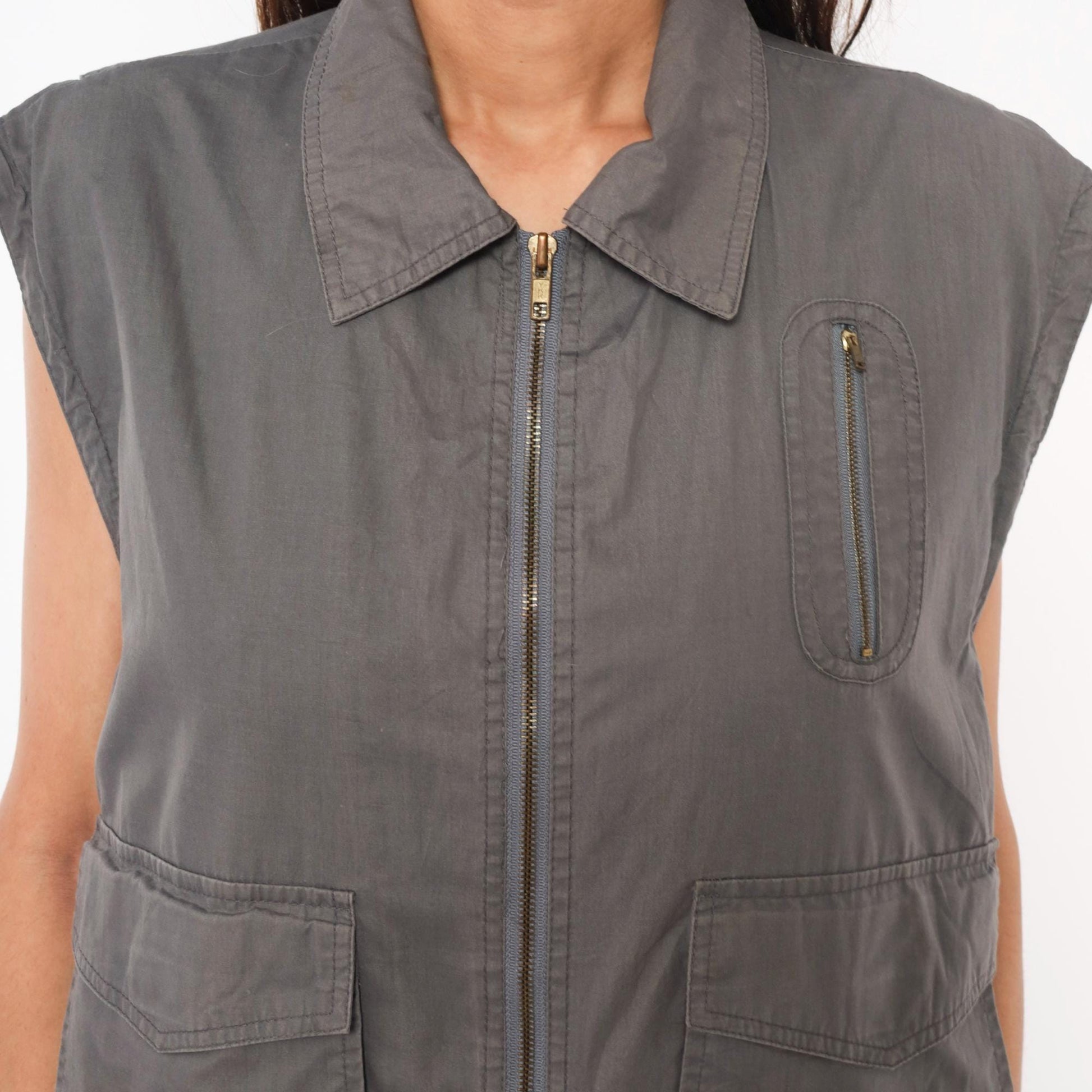 80s Fog Cutter Grey Utility Vest Cotton Zip Cargo Pockets Medium