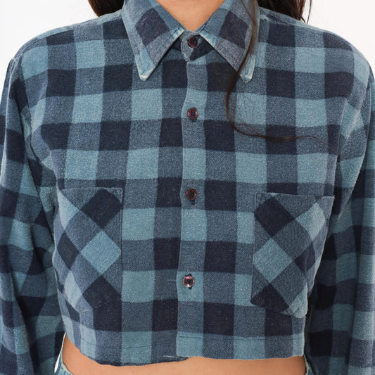 90s Dickies Buffalo Plaid Flannel Shirt Cropped Blue Navy Cotton Small