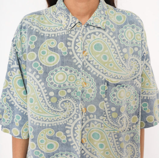 90s Robert Stock Island Style Paisley Camp Shirt Blue Green Mens Large L