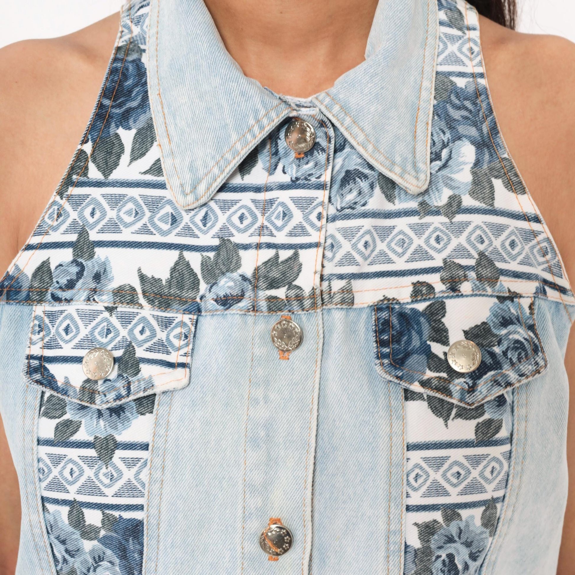90s Sharnel Denim Vest Cropped Floral Lace-Up Back Light Wash Small