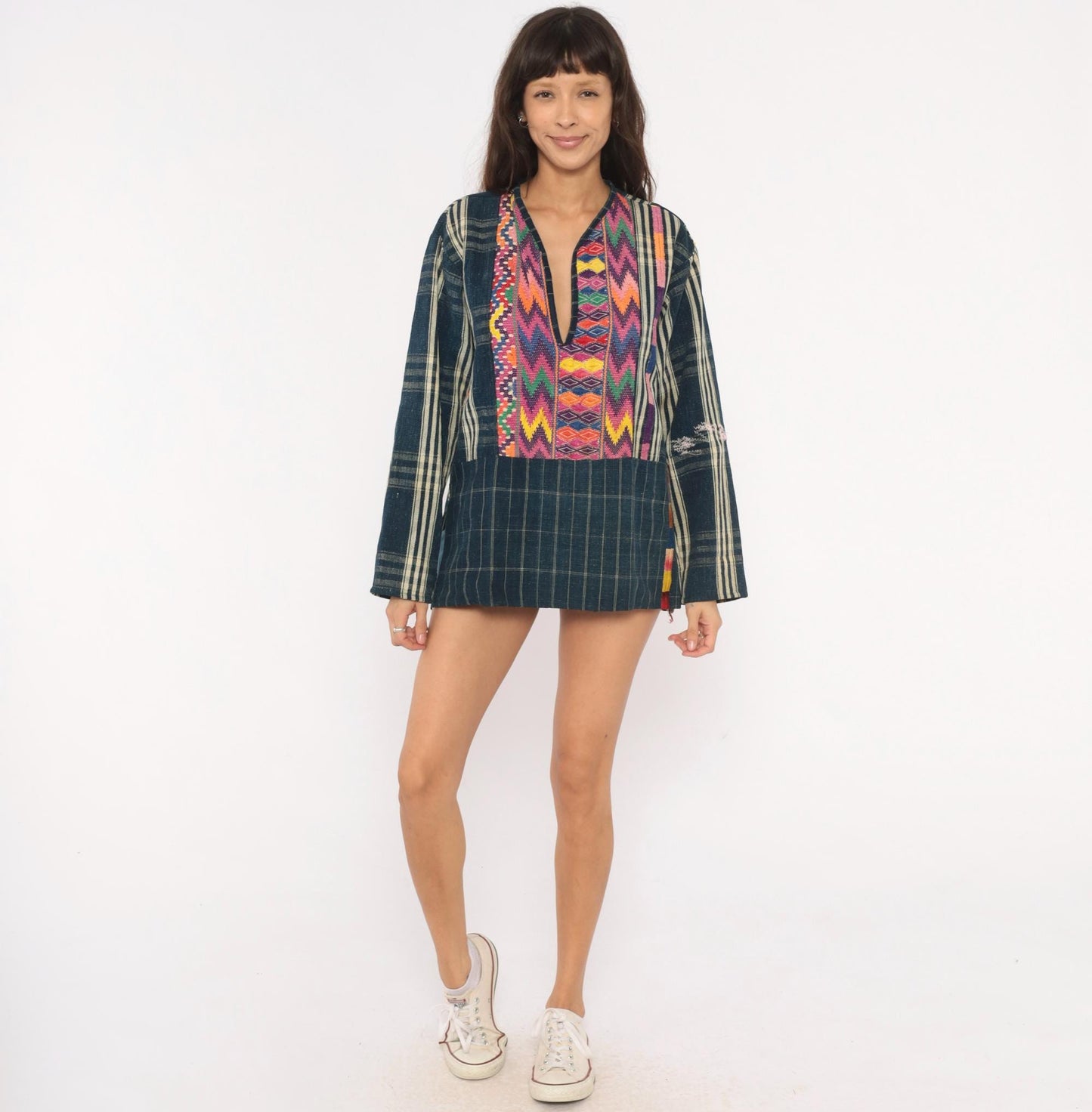 90s Guatemalan Huipil Handwoven Cotton Tunic Indigo Embroidered Medium M