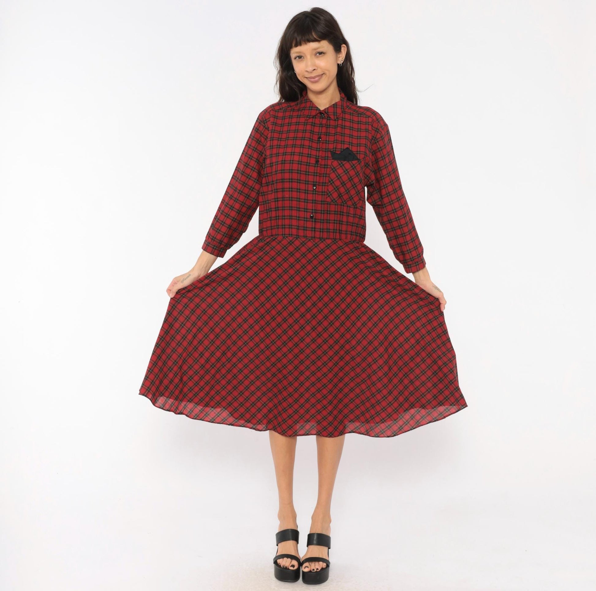 80s Alison Peters Plaid Shirtdress Red Black Tartan Midi Pleated Cotton Medium Large