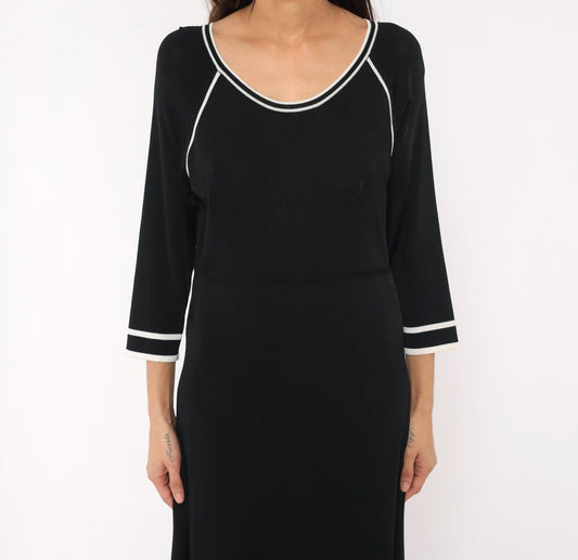 90s Norm Thompson Black Knit Maxi Dress Scoop Neck White Piping Small