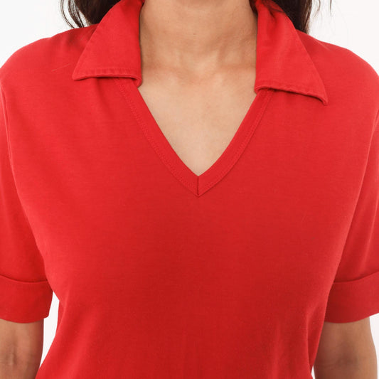 70s Red Polo Shirt V-Neck Spread Collar Short Sleeve Pullover Large L