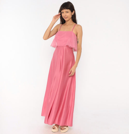 70s Pink Satin Maxi Dress Chiffon Overlay Spaghetti Strap Floor Length Small