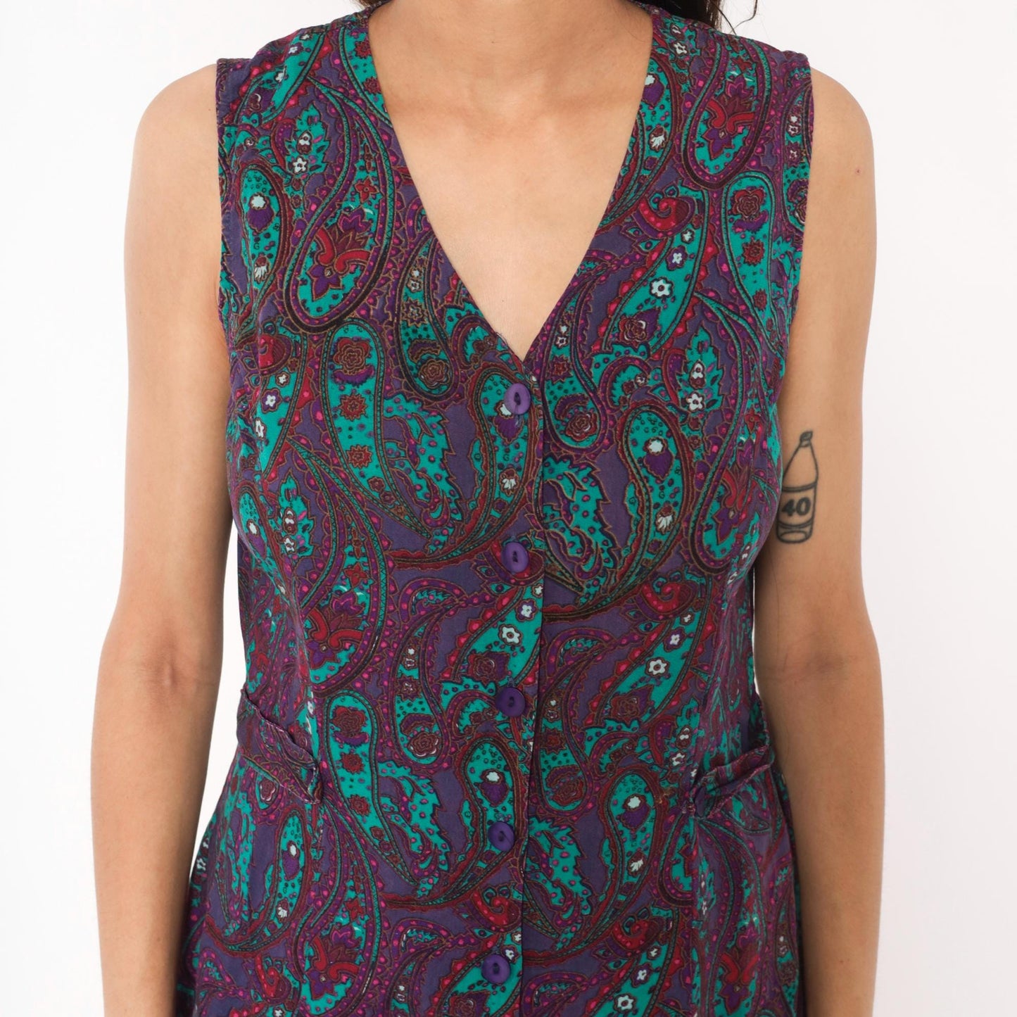 80s Tr Bentley Paisley Floral Dress Purple Teal Button Front Sleeveless Medium