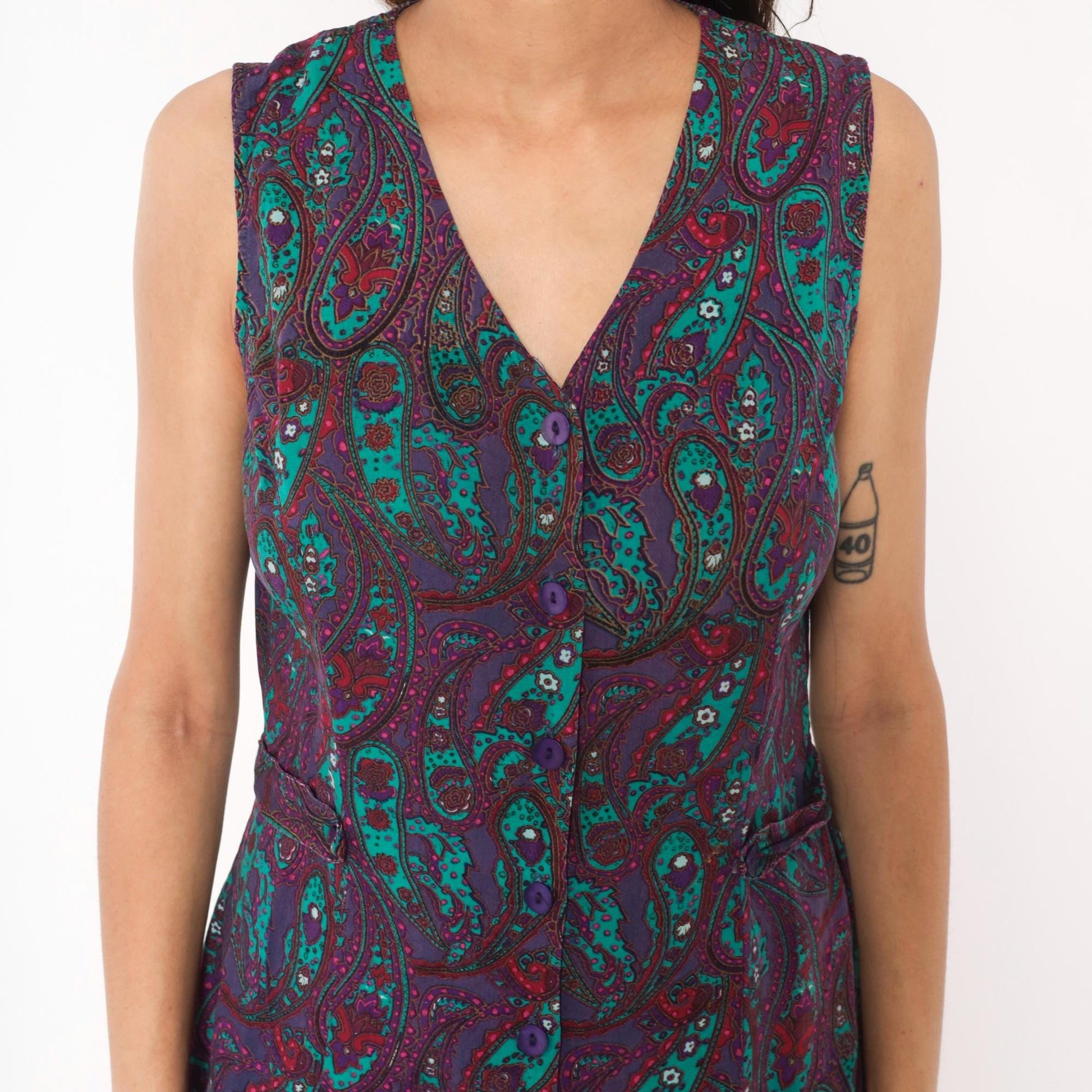 80s Tr Bentley Paisley Floral Dress Purple Teal Button Front Sleeveless Medium