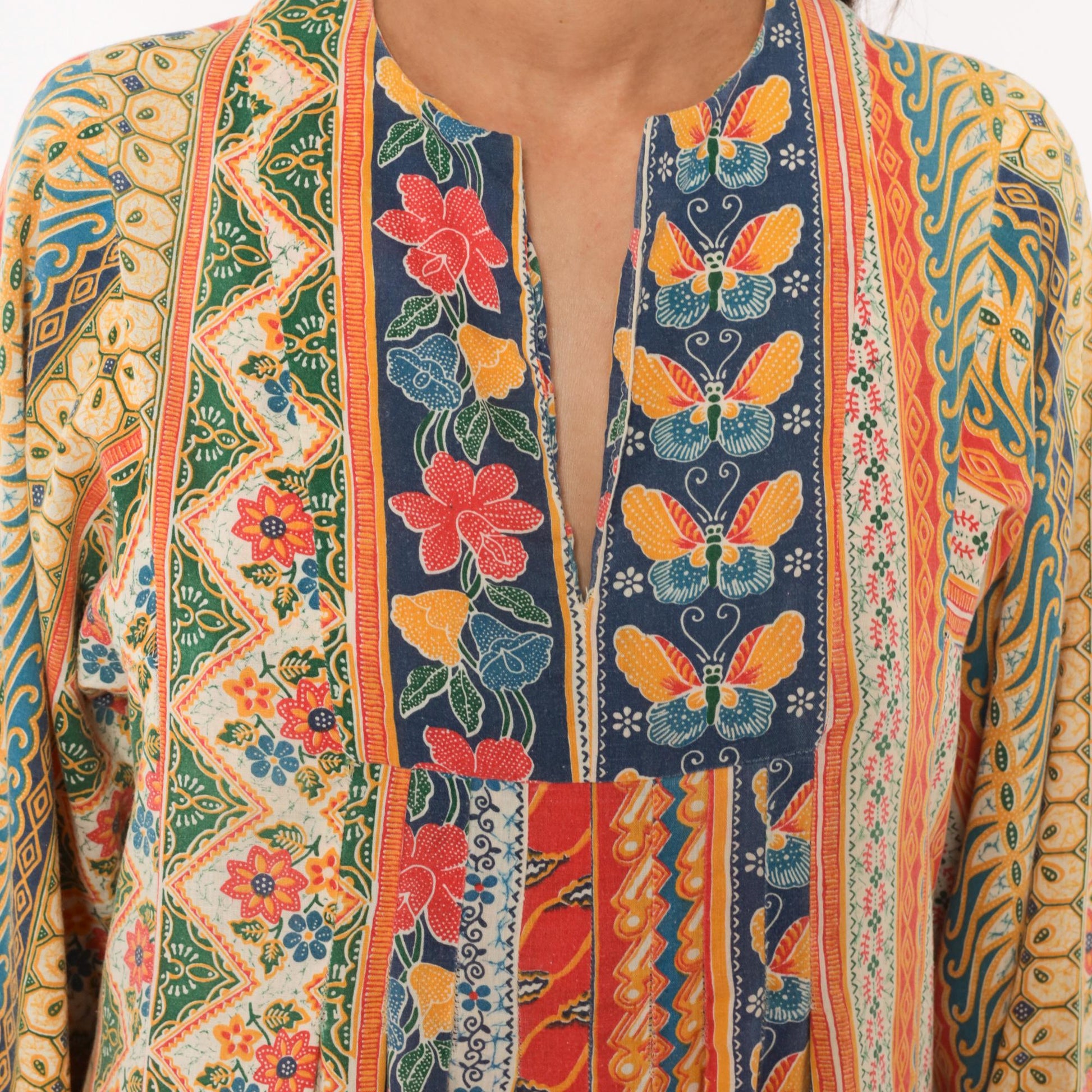 70s Frances Decourcy Batik Caftan Cotton Maxi Dress Floral Butterfly Print Multicolor Medium