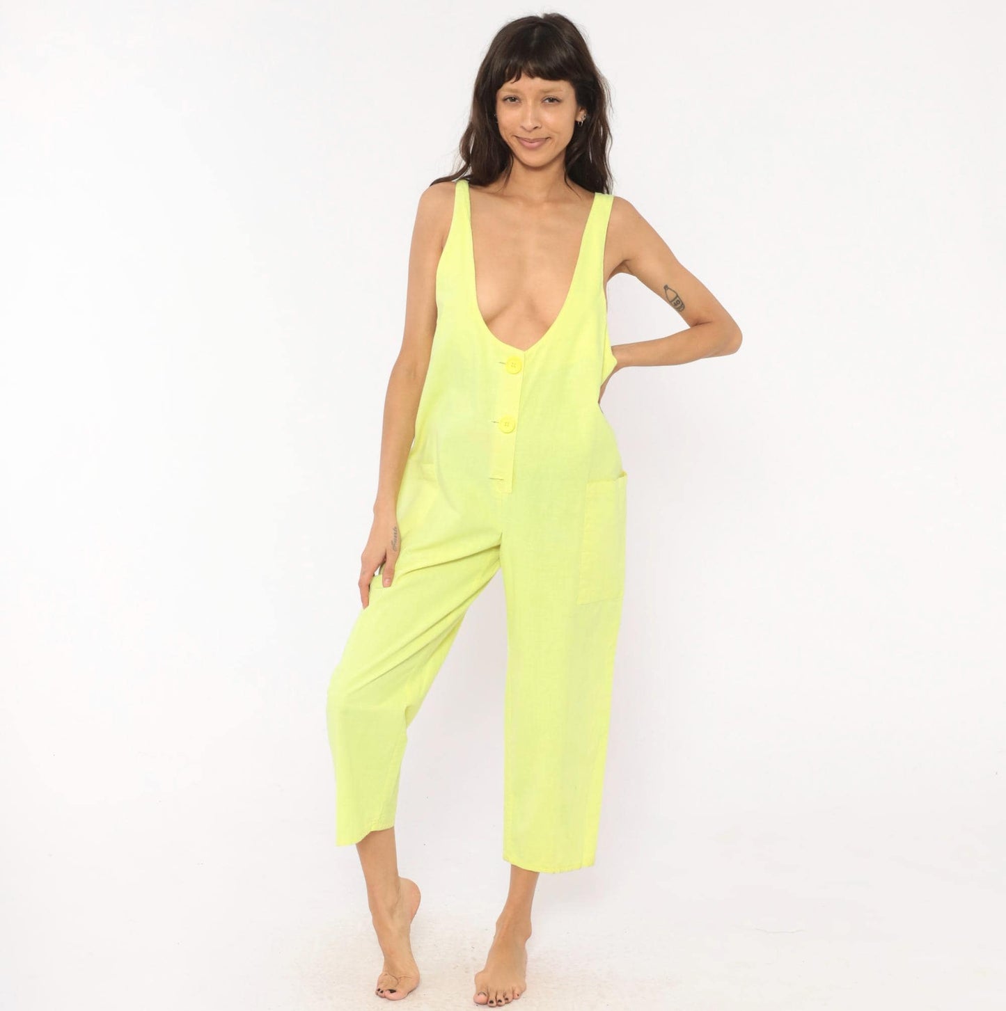 90s Ginger Neon Yellow Cotton Jumpsuit Deep V Neck Ankle Length Medium M
