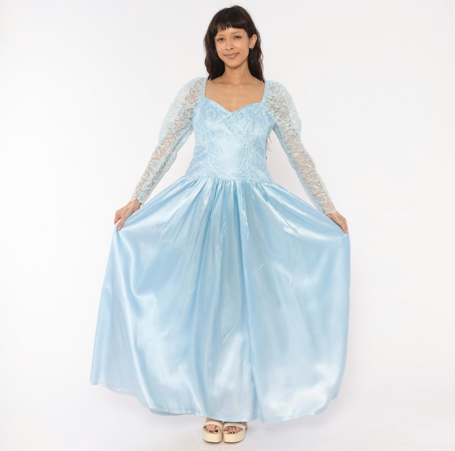 80s Sky Blue Lace Maxi Gown Sweetheart Neckline Drop Waist Bow Back Large L
