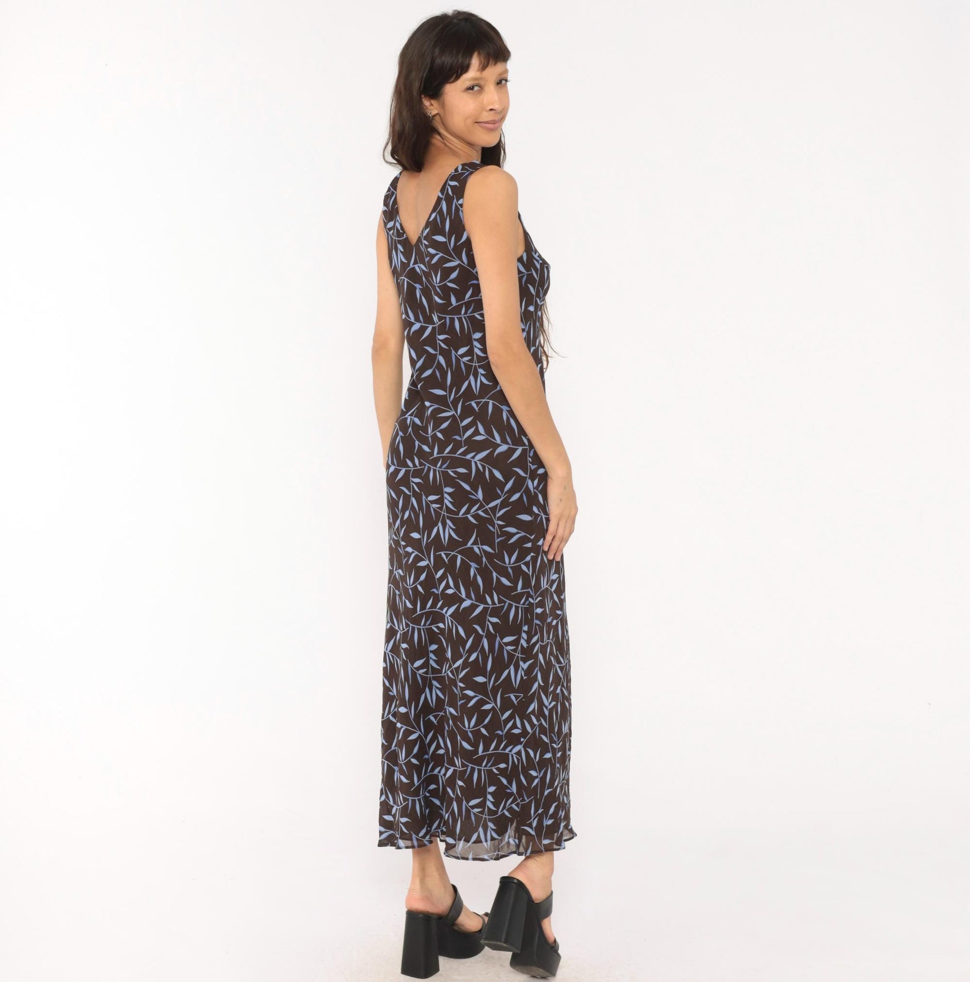 90s Carole Little Maxi Dress Brown Blue Leaf Print Scoop Neck Small S