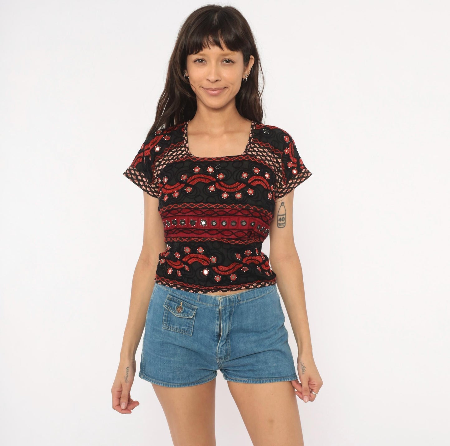 2000s Black Red Shisha Mirror Embroidered Cotton Crop Top Cap Sleeve Extra Small XS