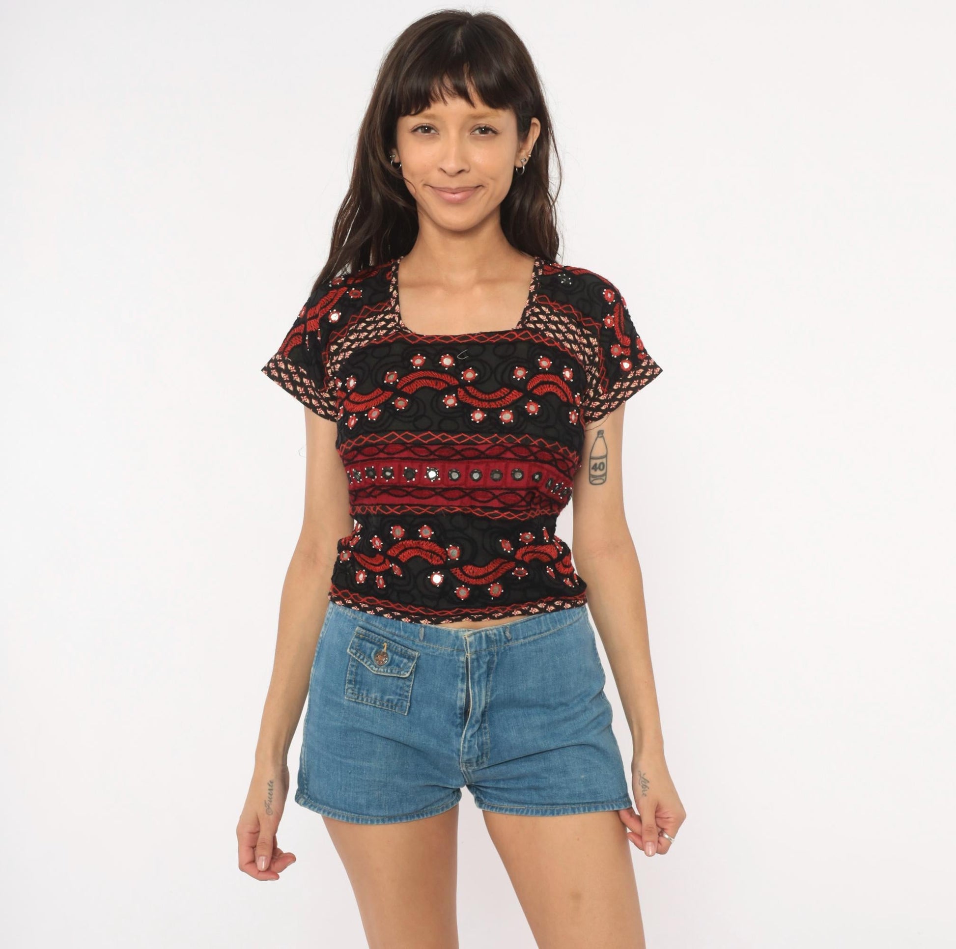 2000s Black Red Shisha Mirror Embroidered Cotton Crop Top Cap Sleeve Extra Small XS