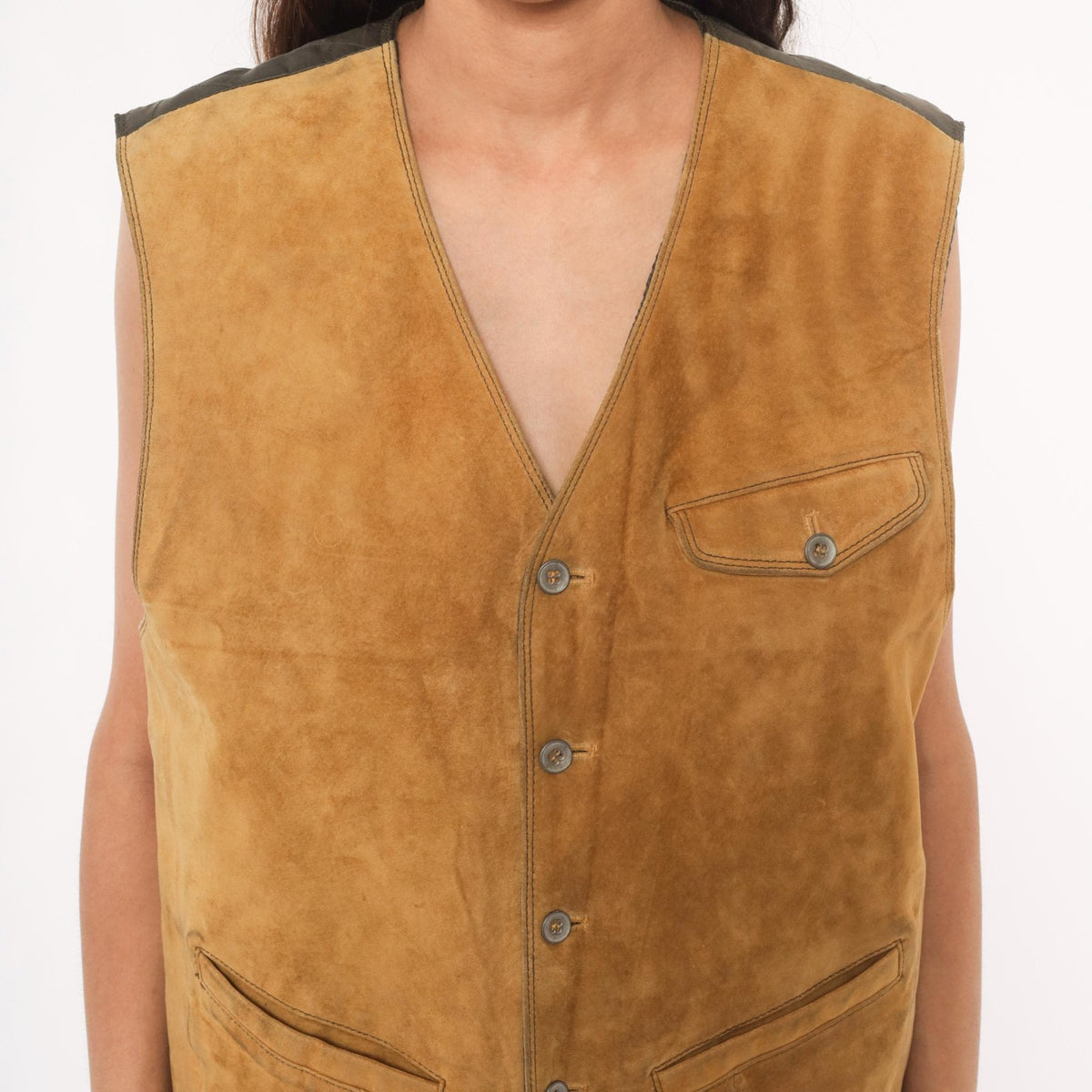 80s Robert Comstock Tan Suede Vest Diamond Quilted Buckle Back Small
