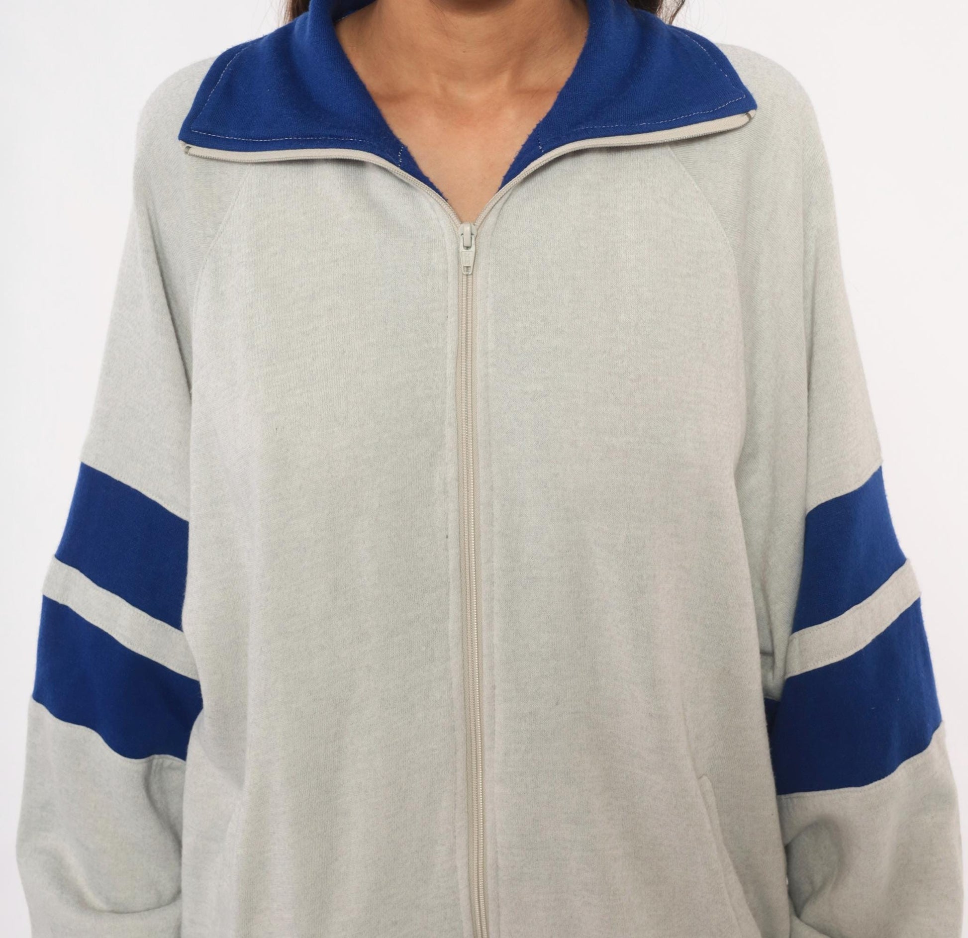 80s Omni LTD Colorblock Zip Sweatshirt Grey Cobalt Striped Large L