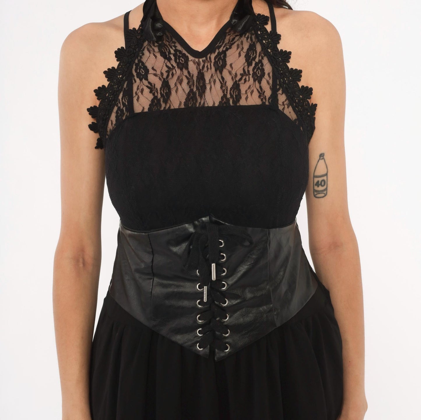 2000s Black Lace Corset Halter Midi Dress Chiffon Handkerchief Hem Plus Size XXL