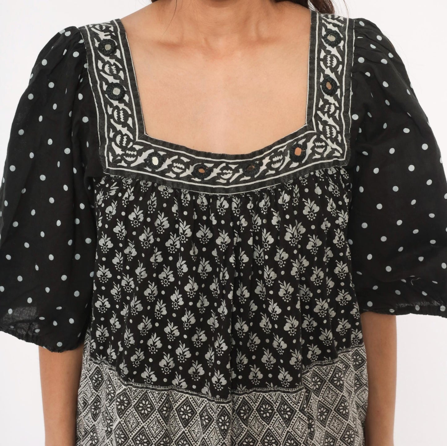 90s Ramona Rull Black Floral Midi Dress Square Neck Puff Sleeve Cotton Extra Large
