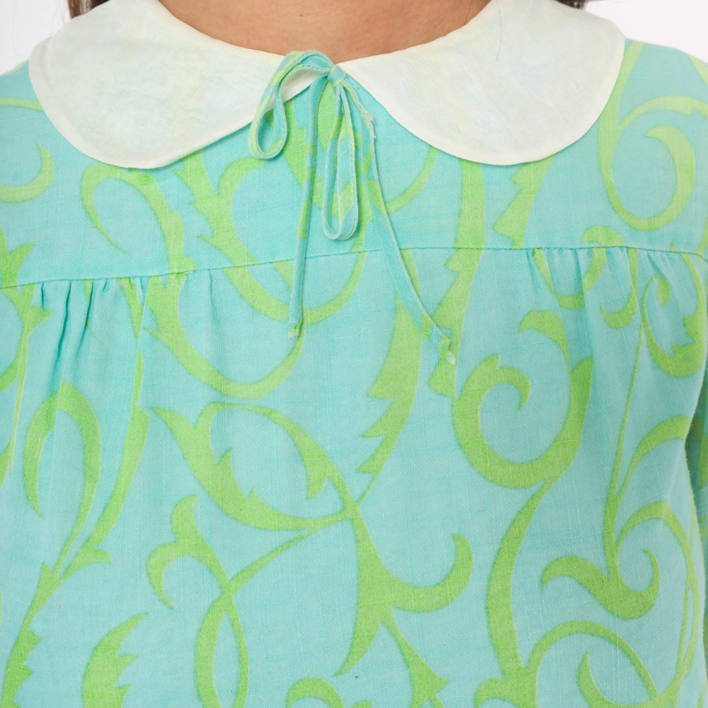 60s Psychedelic Swirl Mini Dress Aqua Lime Peter Pan Collar Shift XS
