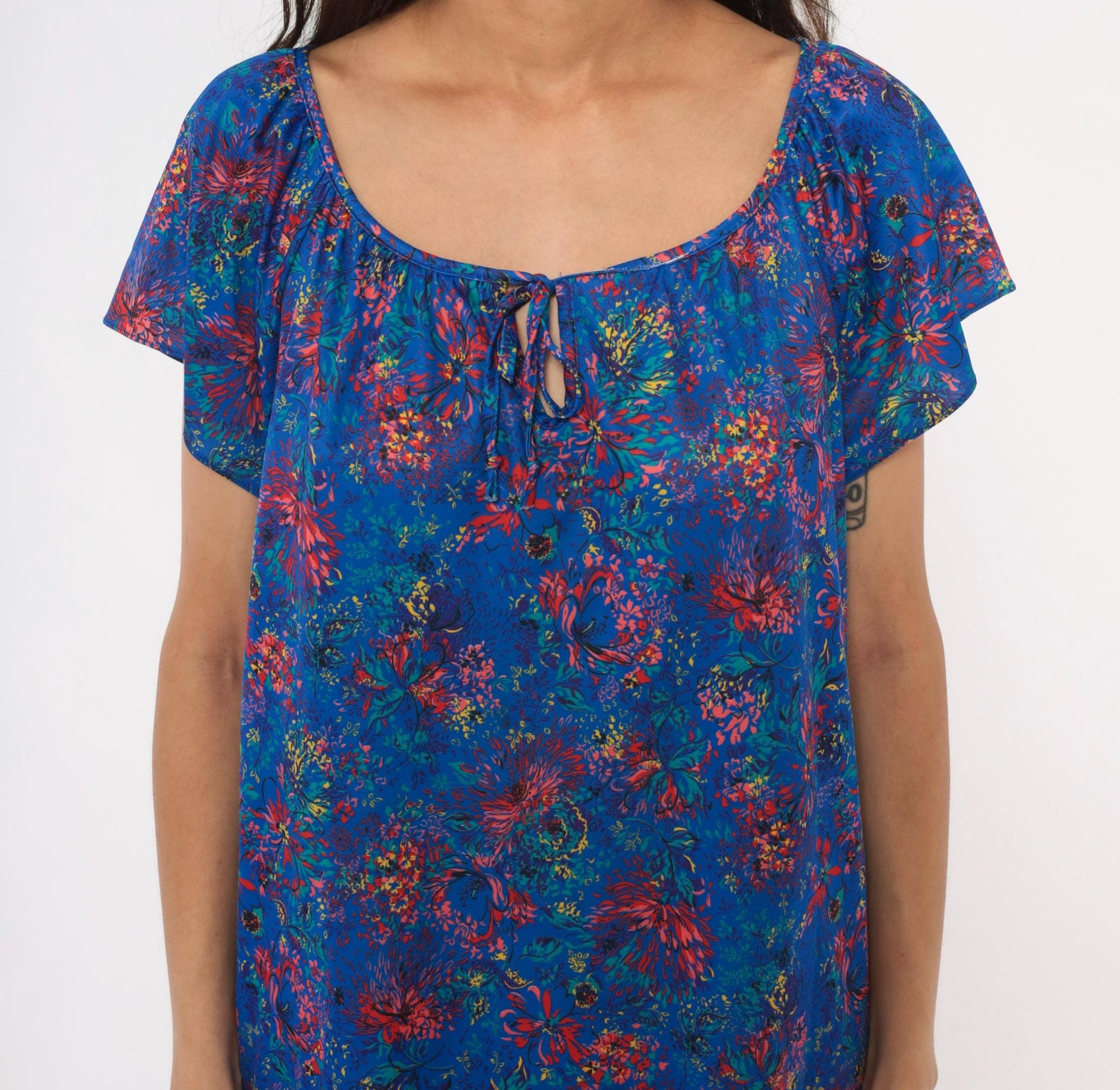 70s Improved Living Floral Shift Dress Cobalt Blue Knee-Length XL