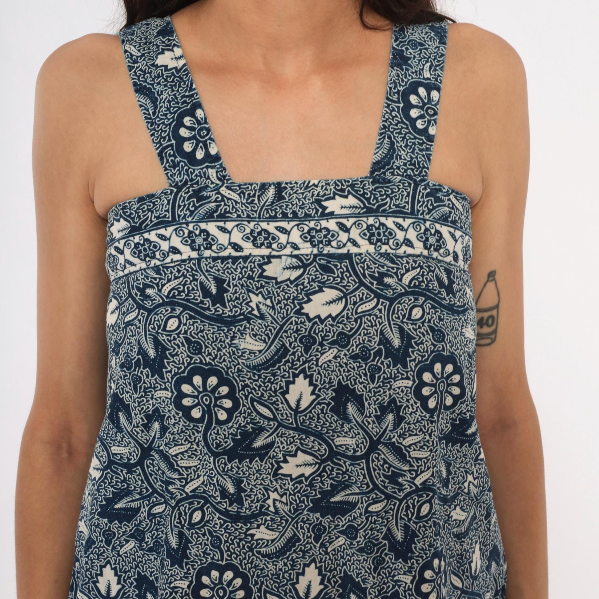 90s Navy Batik Floral Sundress Cotton Square Neck Knee-Length Extra Small XS