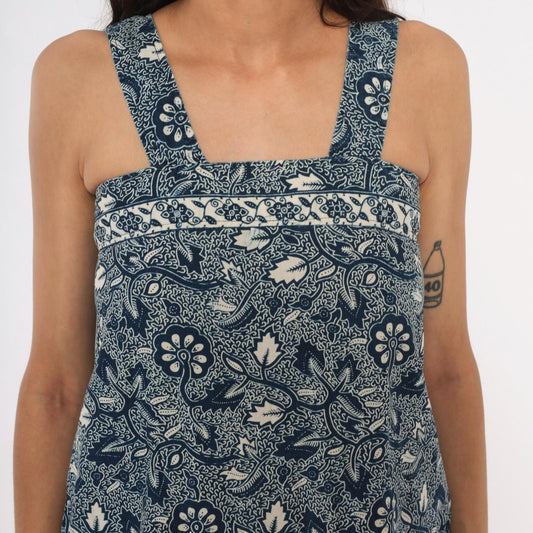 90s Navy Batik Floral Sundress Cotton Square Neck Knee-Length Extra Small XS