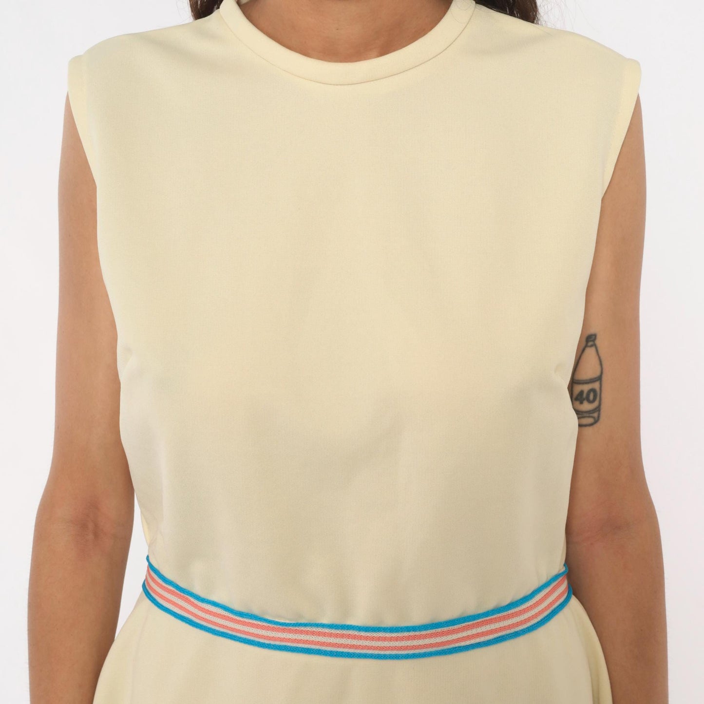 70s Cream Sleeveless Mini Dress Striped Waistband Tennis Style Shift Large L