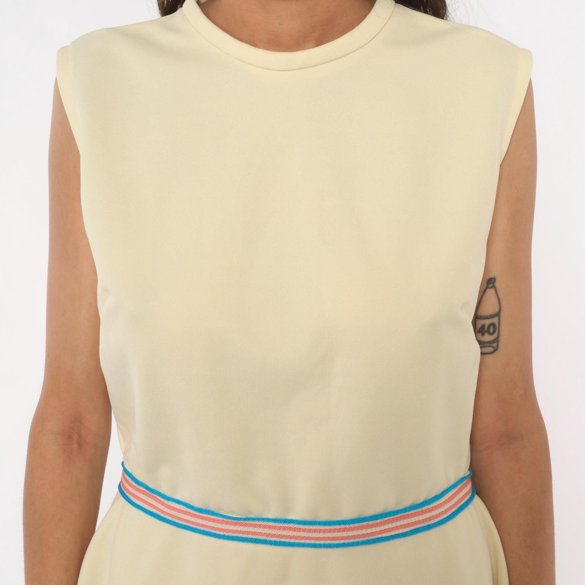 70s Cream Sleeveless Mini Dress Striped Waistband Tennis Style Shift Large L