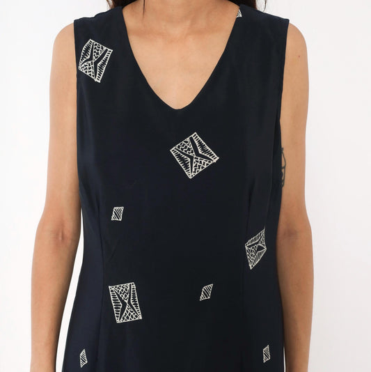 90s Dress Barn Navy Maxi Dress Geometric Tribal Border Sleeveless Large L