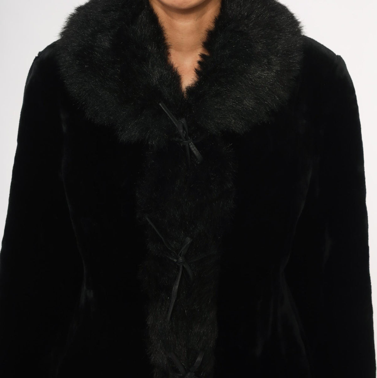 Y2K Black Faux Fur Jacket Tie Front Cropped Collar Small S