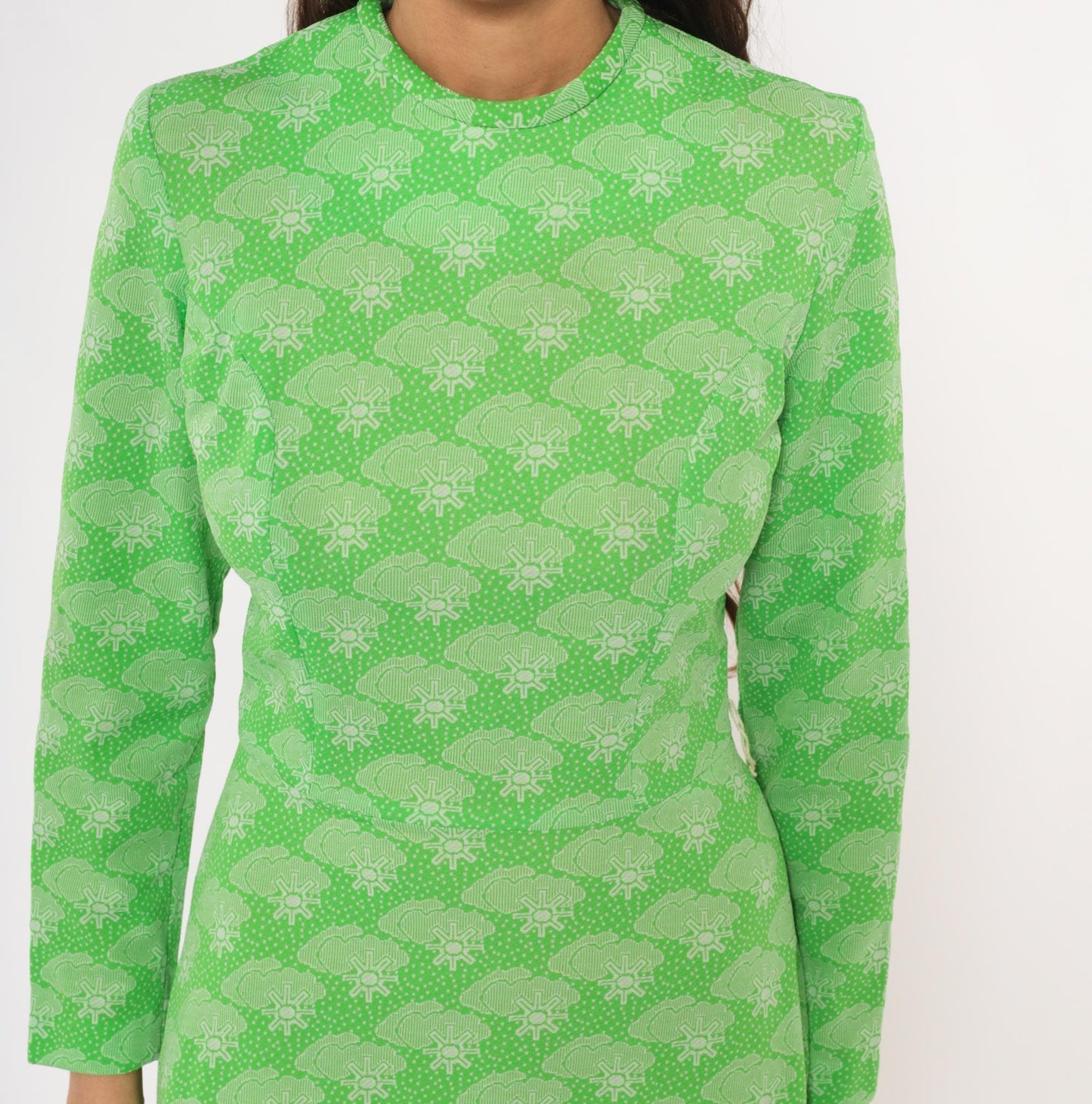 70s Green Maxi Dress Sun Cloud Print Long Sleeve Knit Small